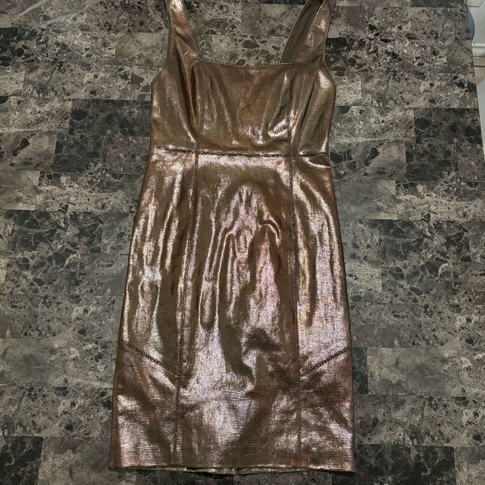 Alice + Olivia Metallic Bronze Bodycon Dress Square Neck Exposed Zip Cocktail